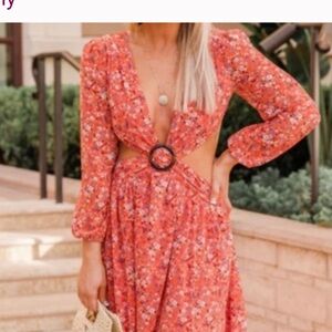 Red Floral Cutout Maxi Dress with Ring Detail